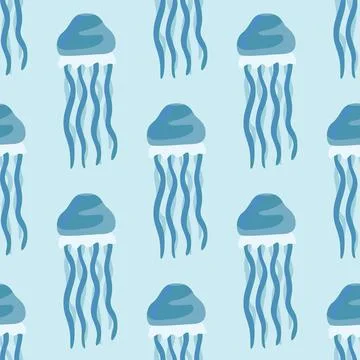 Seamless pattern jellyfish on light blue background. Simple ornament with sea Stock Illustration