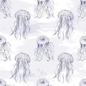Seamless pattern jellyfish sea creature. Drawing sketch style hand draw. Stock Illustration