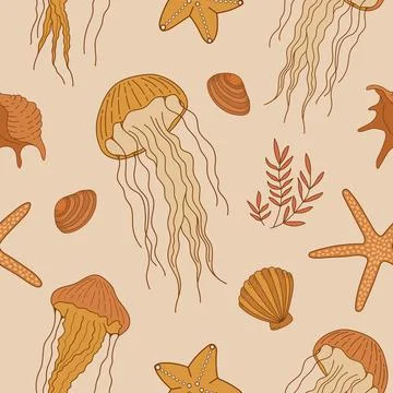 Seamless pattern with jellyfish, shells and starfish. Stock-Illustration
