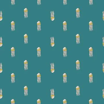Seamless pattern jellyfish on teal background. Minimalist ornament with sea a Stock Illustration