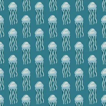 Seamless pattern jellyfish on teal background. Minimalist ornament with sea a Stock Illustration