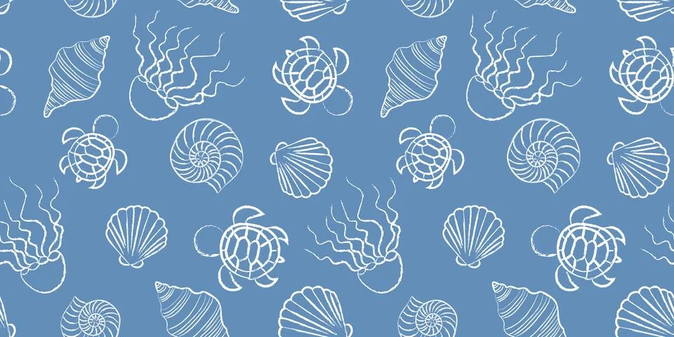 Seamless pattern jellyfish turtles shells drawn white chalk on a blue background 스톡 일러스트