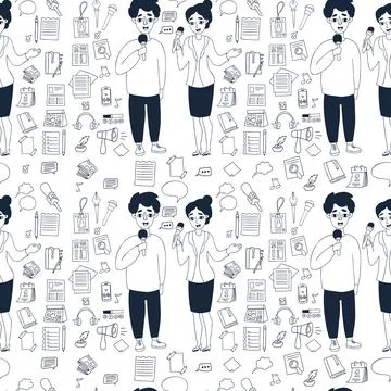 Seamless pattern with journalism profession. Man journalist and woman reporter Ilustração Stock