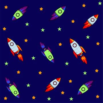 Seamless pattern for journey to space with sketch stars, rocket, comets, plan 스톡 일러스트