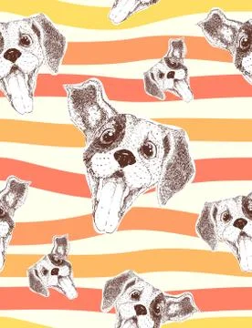Seamless pattern with joyful dog with open mouth and colorful stripes Illustrazione stock