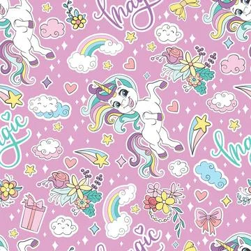 Seamless pattern with joyful unicorns and magic elements Stock Illustration