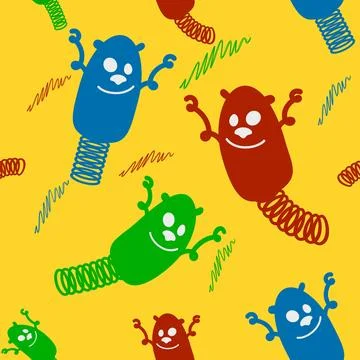 Seamless pattern. Jumping cartoon characters. Springs. Stock Illustration