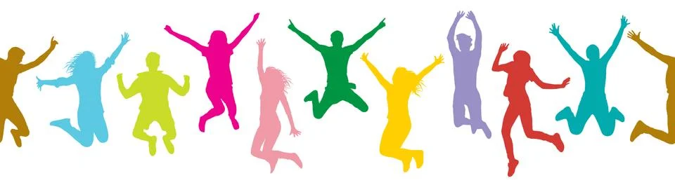 Seamless pattern of jumping people (crowd), silhouette colorful. Vector illus Illustrazione stock