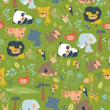 Seamless Pattern with Jungle Animals on Green Background Stock Illustration