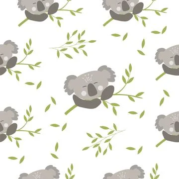 Seamless pattern jungle animals, koala white background Stock Illustration