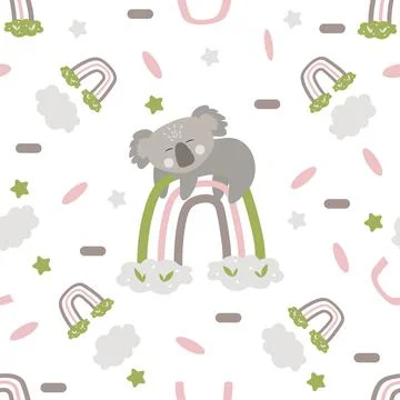 Seamless pattern jungle animals, koala rainbow. white background Stock Illustration