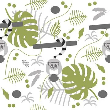 Seamless pattern of jungle animals, lemurs on a branch Stock Illustration