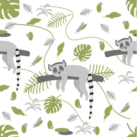 Seamless pattern of jungle animals, lemurs on a branch Stock Illustration
