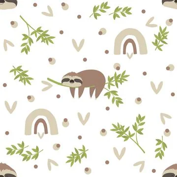 Seamless pattern of jungle animals, sloth sleeping on a branch Stock-Illustration
