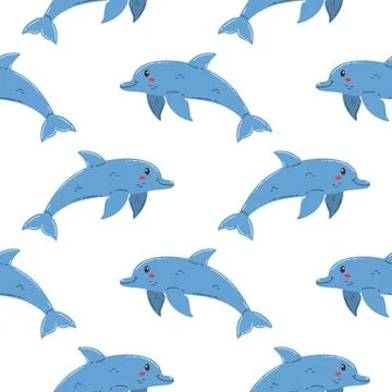 Seamless pattern with kawaii blue dolphin in cartoon flat style, arranged i.. Stock Illustration
