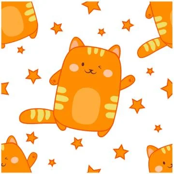 Seamless pattern kawaii bright marigold cat wink and orange stars Stock Illustration