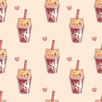 Seamless pattern with kawaii cartoon character drink cat. Cute glass of Bub.. Stock Illustration