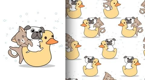 Seamless pattern kawaii cat and dog are riding the ducky doll Stock Illustration