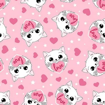 Seamless pattern with kawaii cat and hearts. Vector Stock Illustration