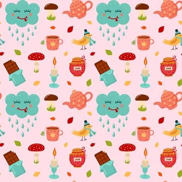 Seamless pattern with kawaii cloud, bird, candle, jam, teapot, mug, chocola.. Stock Illustration