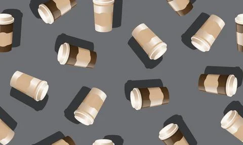 Seamless pattern of kawaii coffee cups with shadow. Stock Illustration