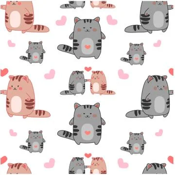 Seamless pattern kawaii Couple cats and lonely cat in love Stock Illustration