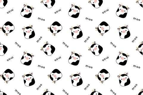 Seamless pattern with kawaii cows. Moo. Squishmallow. Repeatable background with Stock Illustration