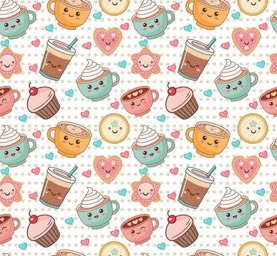 Seamless pattern with kawaii cupcake, cookie and coffee Illustrazione stock