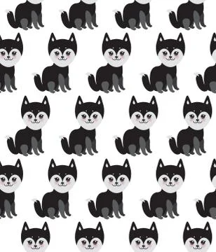 Seamless pattern Kawaii funny black gray husky dog, face with large eyes and  Stock Illustration