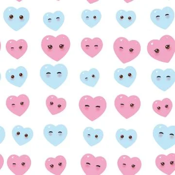 Seamless pattern - Kawaii funny pink blue hearts with pink cheeks and winking Ilustración de archivo