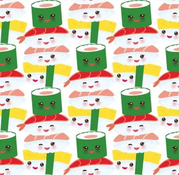 Seamless pattern Kawaii funny sushi rolls set with pink cheeks and big eyes,  Ilustración de archivo