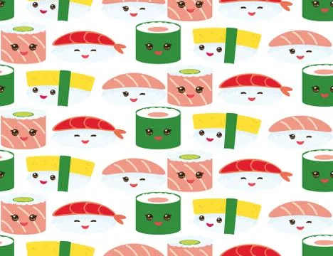 Seamless pattern Kawaii funny sushi rolls set with pink cheeks and big eyes,  스톡 일러스트