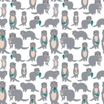 Seamless pattern Kawaii grey otters family with children with fish on white b Stock Illustration