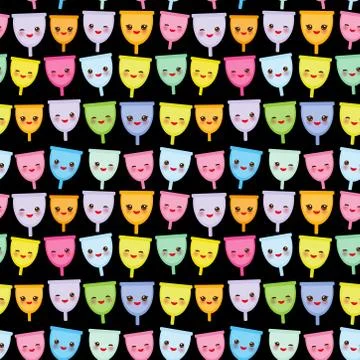 Seamless pattern Kawaii menstrual cup is a feminine hygiene product made of f Illustrazione stock