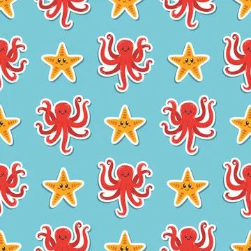 Seamless pattern with kawaii octopus and sea star stickers in cartoon flat .. Illustrazione stock