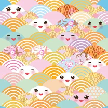 Seamless pattern Kawaii with pink cheeks and winking eyes simple Nature backg Stock Illustration