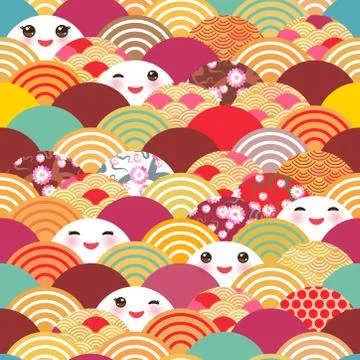 Seamless pattern Kawaii with pink cheeks and winking eyes simple Nature backg Stock Illustration