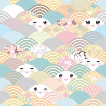 Seamless pattern Kawaii with pink cheeks and winking eyes simple Nature backg Stock Illustration