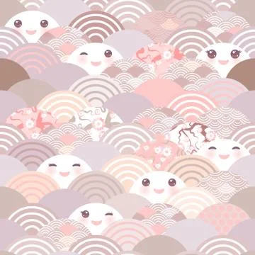 Seamless pattern Kawaii with pink cheeks and winking eyes simple Nature trend Stock Illustration