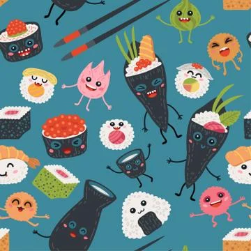 Seamless pattern kawaii rolls and sushi background Stock Illustration