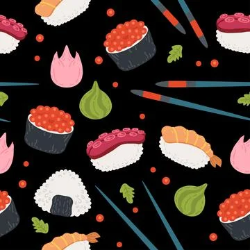 Seamless pattern kawaii rolls and sushi background. Sea food design template Stock Illustration