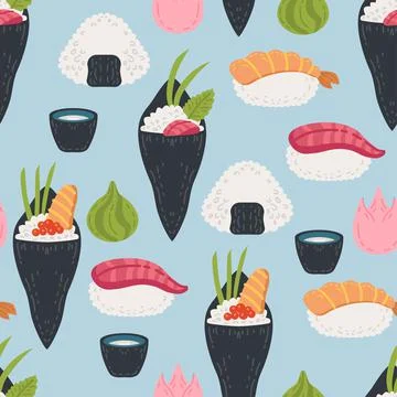 Seamless pattern kawaii rolls and sushi background. Sea food design template Stock Illustration