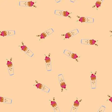 Seamless pattern kawaii smiling milkshake with cherry and wafer stick Illustrazione stock