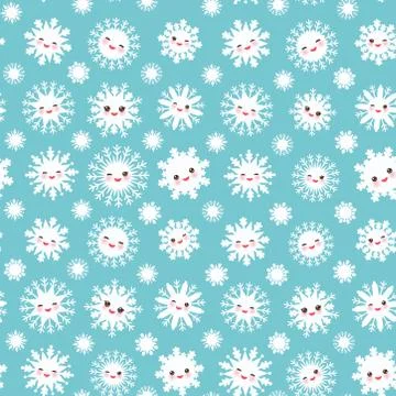 Seamless pattern, Kawaii snowflake set white funny face with eyes and pink Stock Illustration