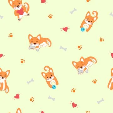 Seamless pattern with Kawaii style Corgi, shiba inu dogs, sitting with heart Stock Illustration