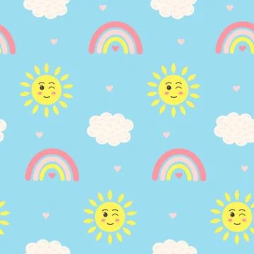 Seamless pattern with kawaii sun, boho rainbow, cloud and hearts. Stock Illustration