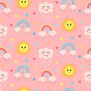 Seamless pattern with kawaii sun, cloud and boho rainbows. Stock Illustration