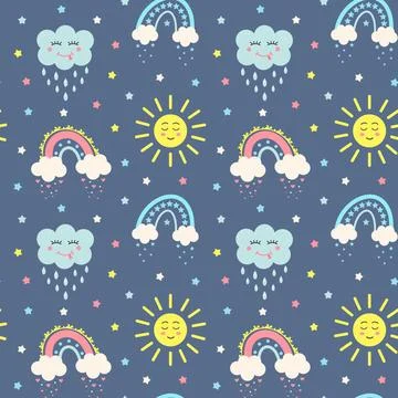 Seamless pattern with kawaii sun, cloud, boho rainbows and stars. . Stock Illustration