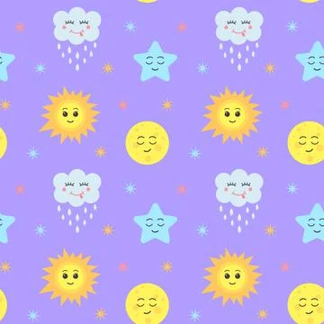 Seamless pattern with kawaii sun, moon, cloud and star. Illustrazione stock