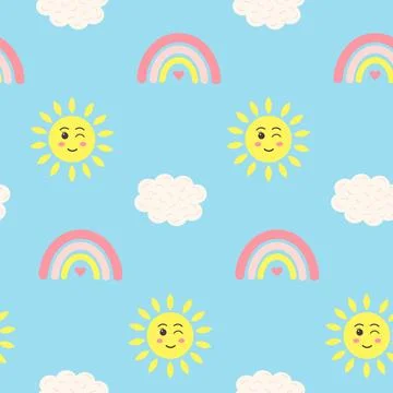Seamless pattern with kawaii sun, rainbow and cloud on blue background. Des.. Stock Illustration
